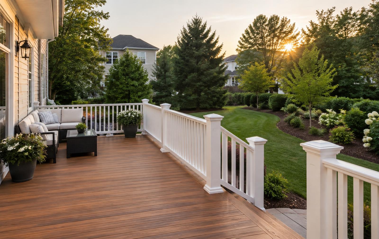 A clean wooden deck with white railings overlooking a neatly kept backyard